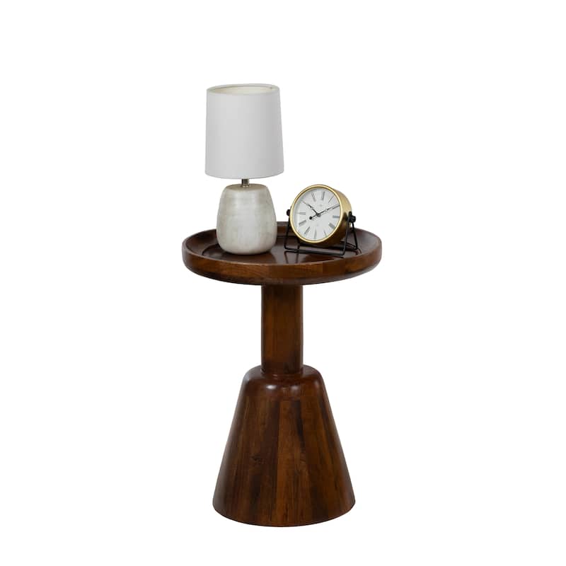 Solid Mango Wood Round Accent Side Table - Rimmed Bowl Top, Tapered Base, Dark Finish, Fully Assembled