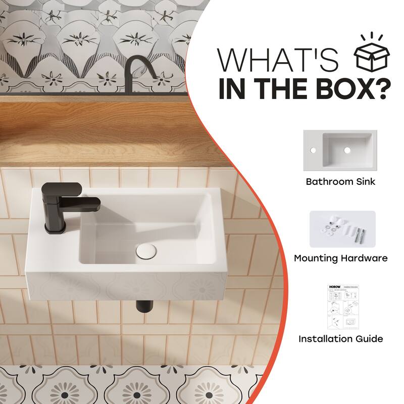 HOROW Left Hand White Ceramic Wall-Mounted Rectangle Vessel Sink Porcelain - N/A