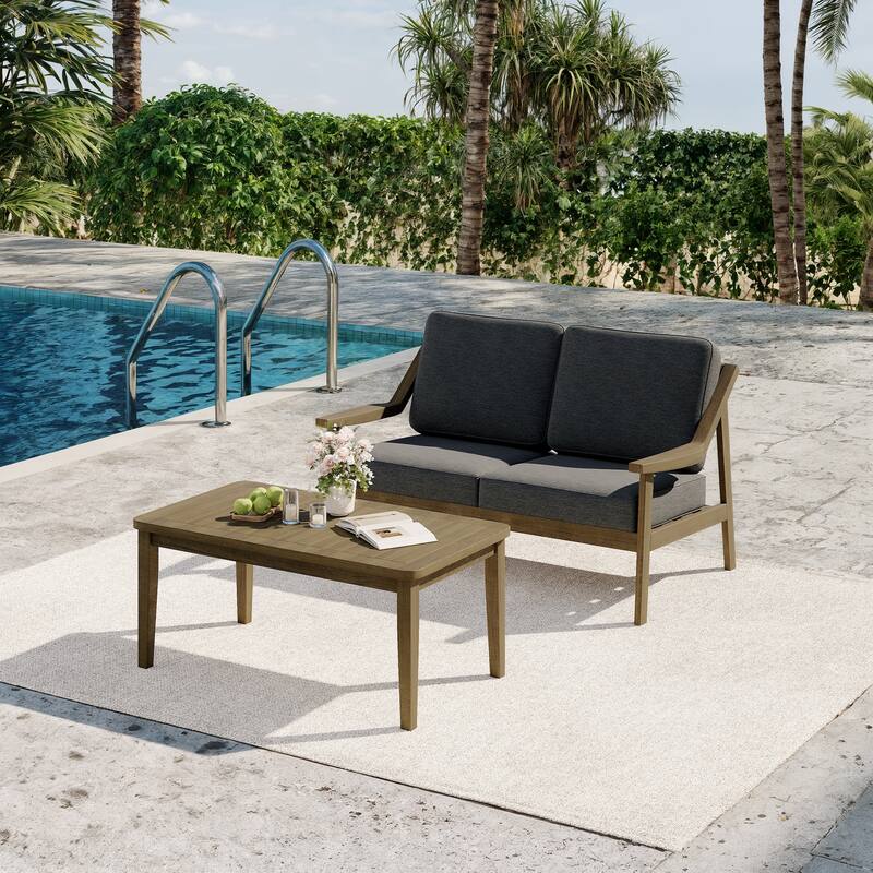 2-piece Brown/ Black Teak Cushioned Patio Loveseat Set with Coffee Table