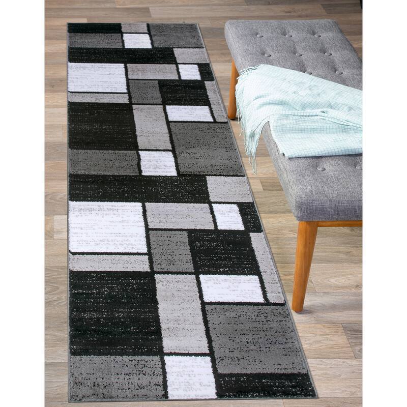 World Rug Gallery Contemporary Modern Boxed Color Block Area Rug - 2' x 10' Runner - Gray