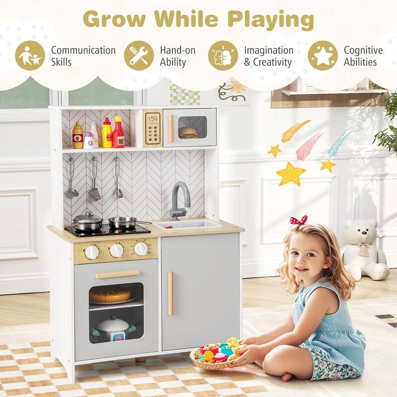 Wooden Toy Kitchen Pretend Kids Kitchen Playset w/Light