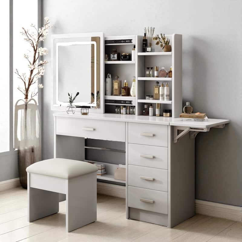 Vanity Desk with Mirror & LED Lights, 5 Drawers, Open Shelves & Chair, Makeup Table Set with Adjustable Lighting