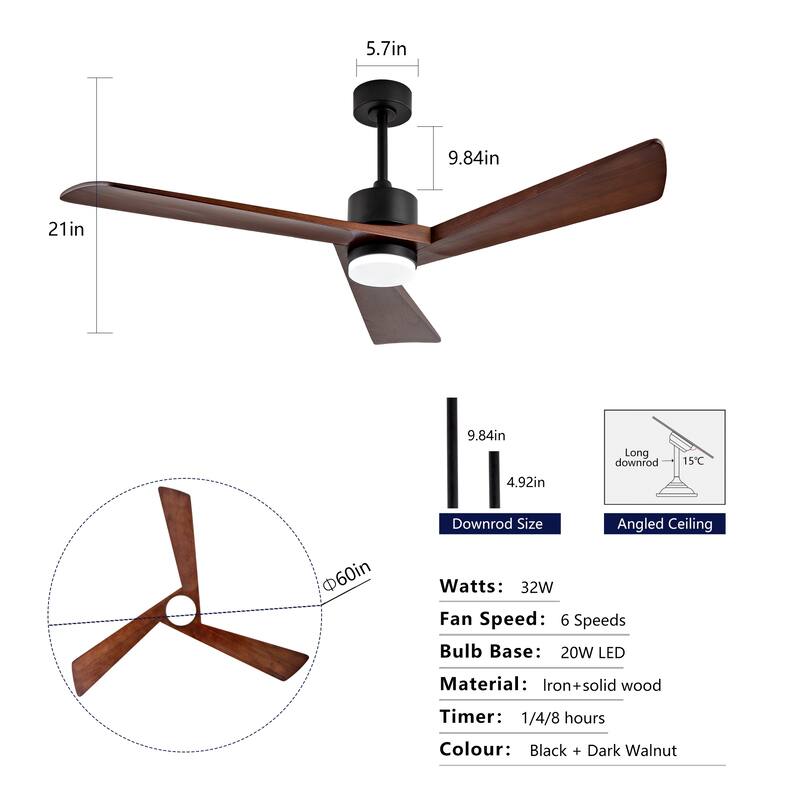60" Ceiling Fan with Light and Remote, Quiet DC Motor, 6-Speed 5000 CFM