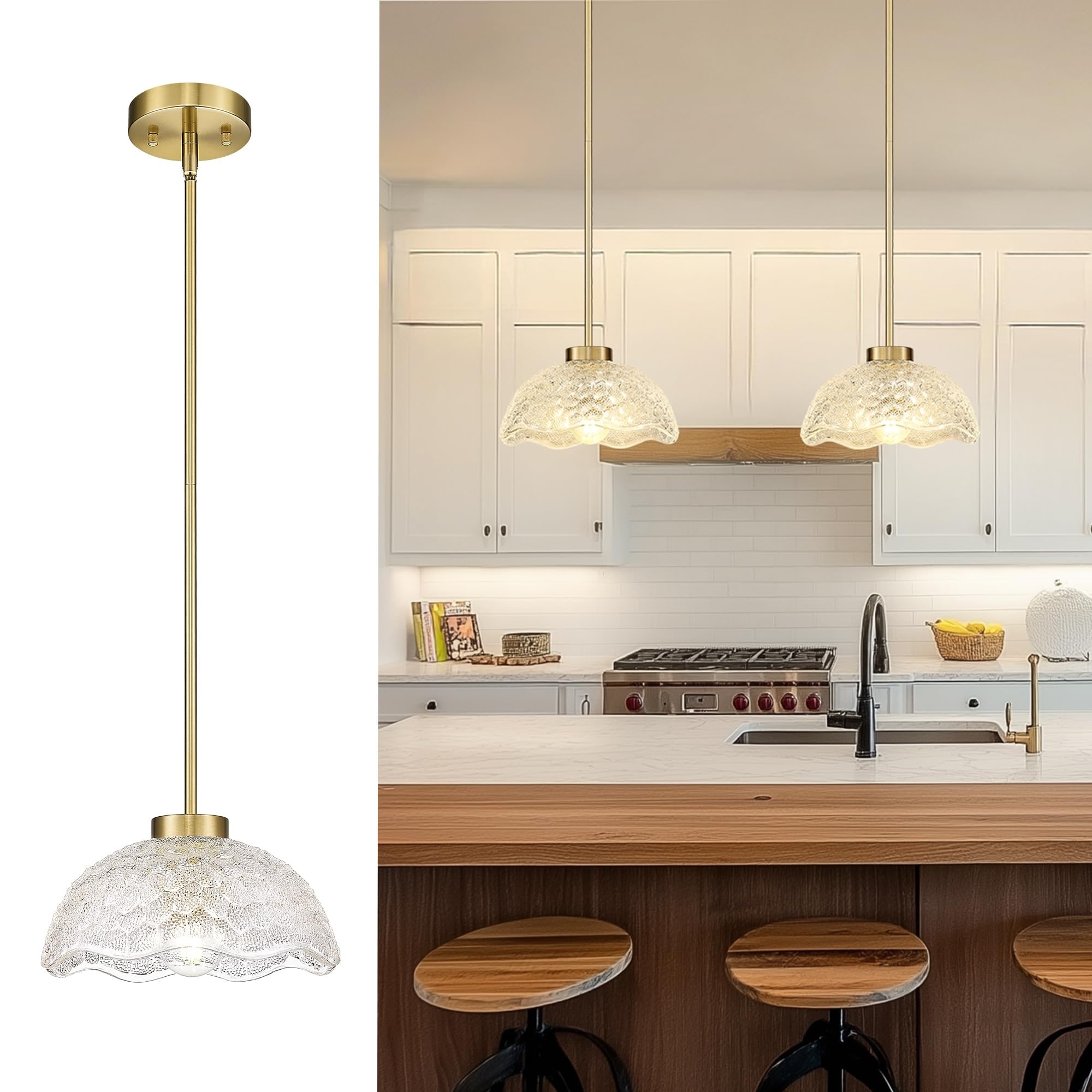 Farmhouse Hammered Glass Pendant Light - Adjustable Dome Hanging Fixture for Dining Room