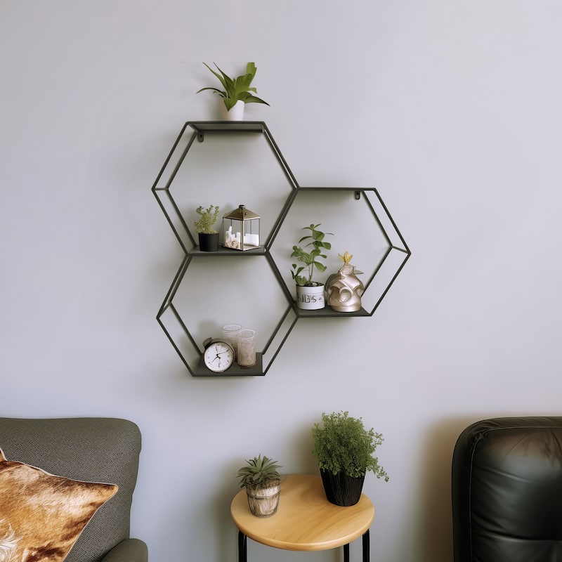 Sagebrook Home Modern 26" Hexagon Mounted Wall Shelf Black Iron Hexagonal - 26" x 6" x 26" - Black - 26" x 6" x 26"