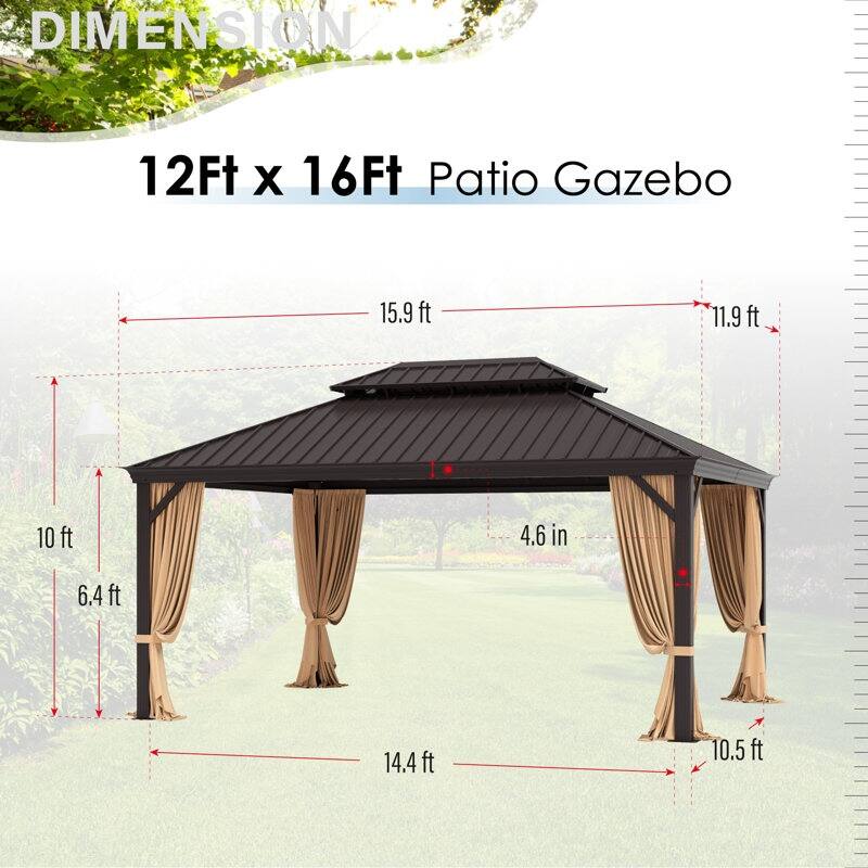 MAISON ARTS 12X16 FT Hardtop Aluminum Permanent Gazebo Double Roof Canopy with Netting & Curtains