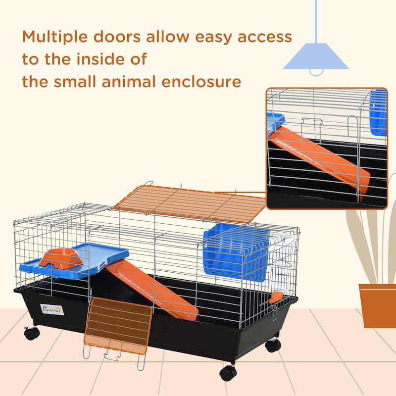 PawHut 35"L Small Animal Cage, Rolling Bunny Cage, Guinea Pig Cage with Food Dish, Water Bottle, Hay Feeder, Platform