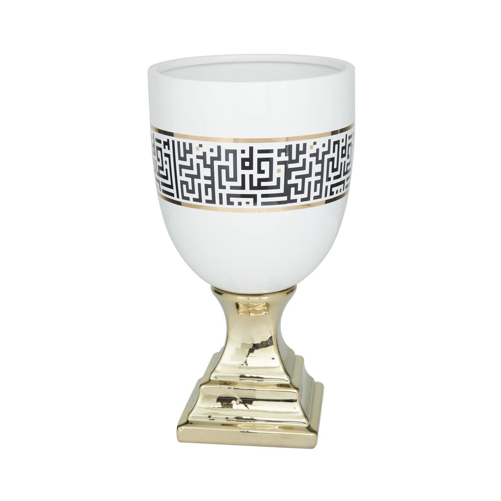 Ceramic Decorative Vase with Greek Knot Pattern and Gold Base - Gold - Roche River Decor