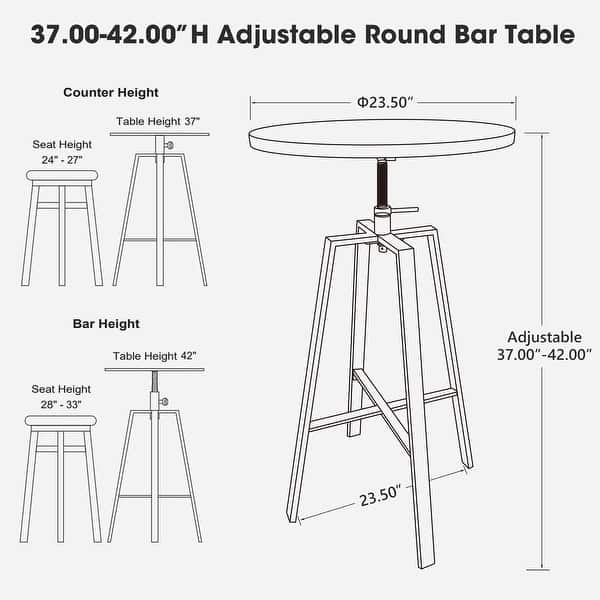 dimension image slide 2 of 5, Glitzhome Modern 3-Piece Adjustable Bar Table Faux Leather Stool Pub Sets