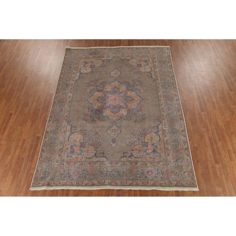 Distressed Brown Tabriz Persian Antique Rug Hand-Knotted Wool Carpet - 8'2"x 11'0"