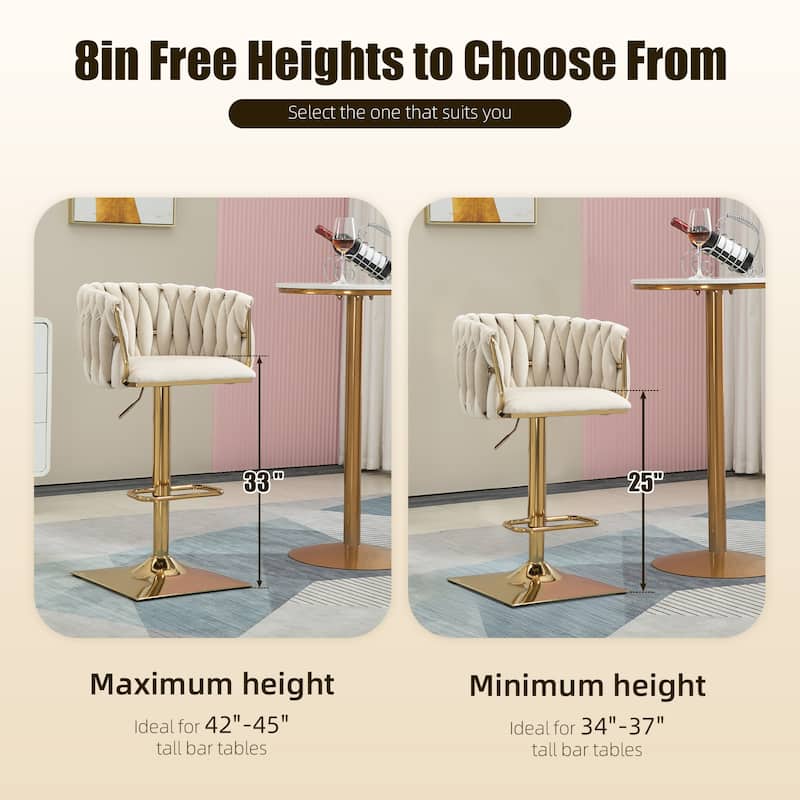Velvet Upholstered Swivel Adjustable Height Bar Stools With Metal Footrest（set of 2）