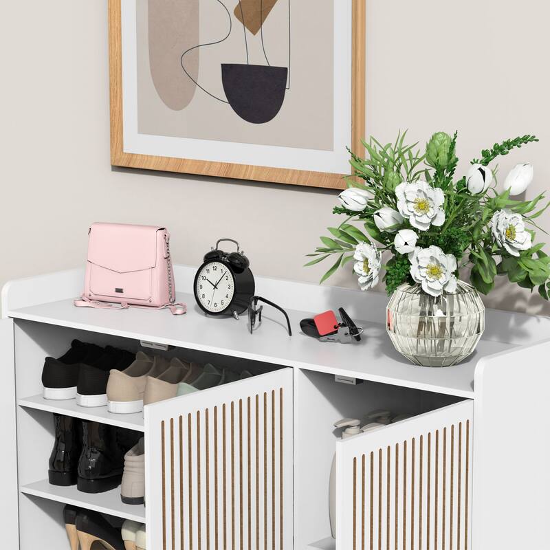 Shoe Bench with Stool & Retractable Drawer, Multifunctional White Cabinet with Adjustable Shelves