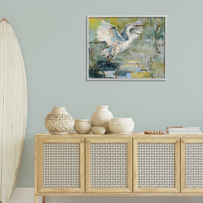 Stupell Radiant Crane at Pond Framed Giclee Art Design By Dusza