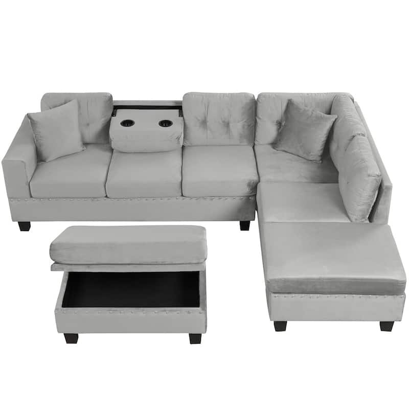 105" Modern Velvet L-shape Reversible Sectional Sofa with 2 Pillows and Cup Holders