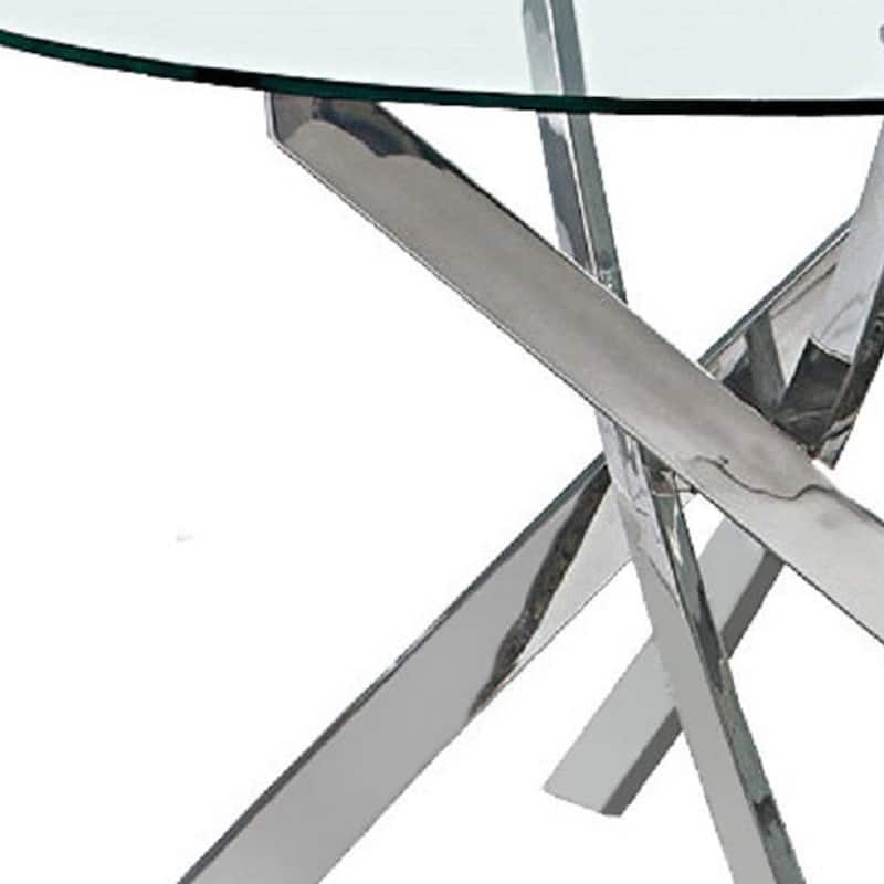 HomeRoots 54" Clear and Silver Glass and Metal Cross Leg Base Round Top Dining Table - 54.00 in. x 30.00 in. x 54.00 in.