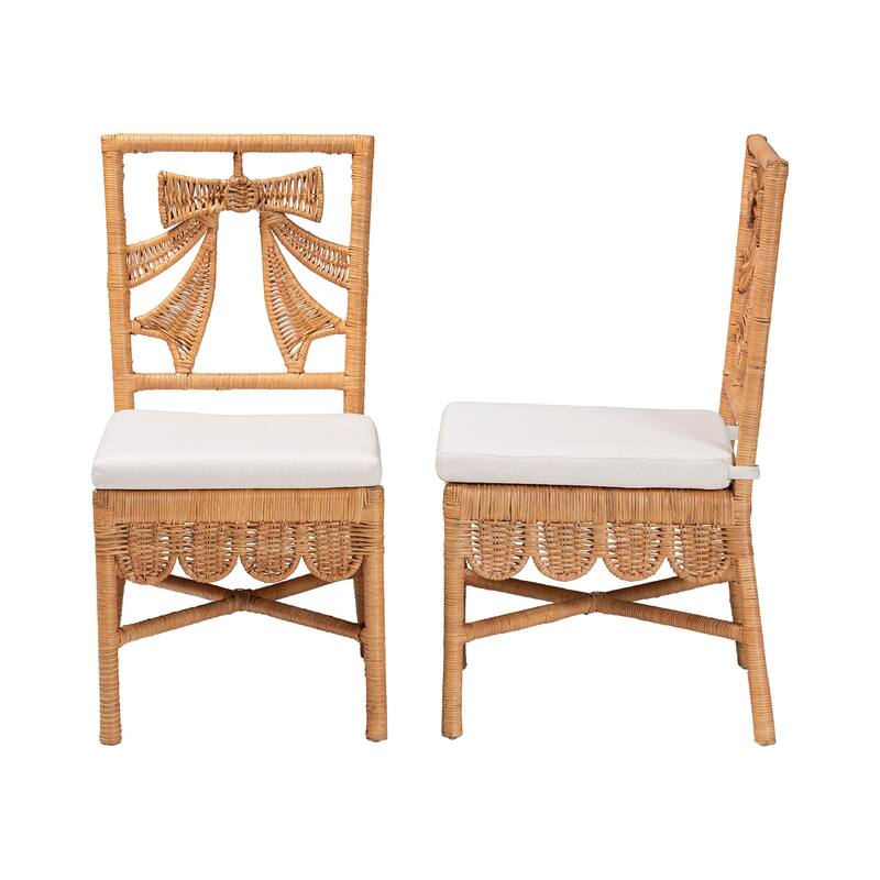 Abia Natural Rattan Dining Chair - Handwoven Wicker Accent Side Chair with Bow and Ribbon Design, Artisanal Seating