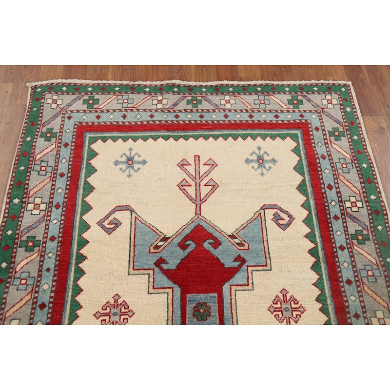 Ivory Kazak Oriental Accent Rug Hand-Knotted Tribal Wool Carpet - 3'11" x 5'7"