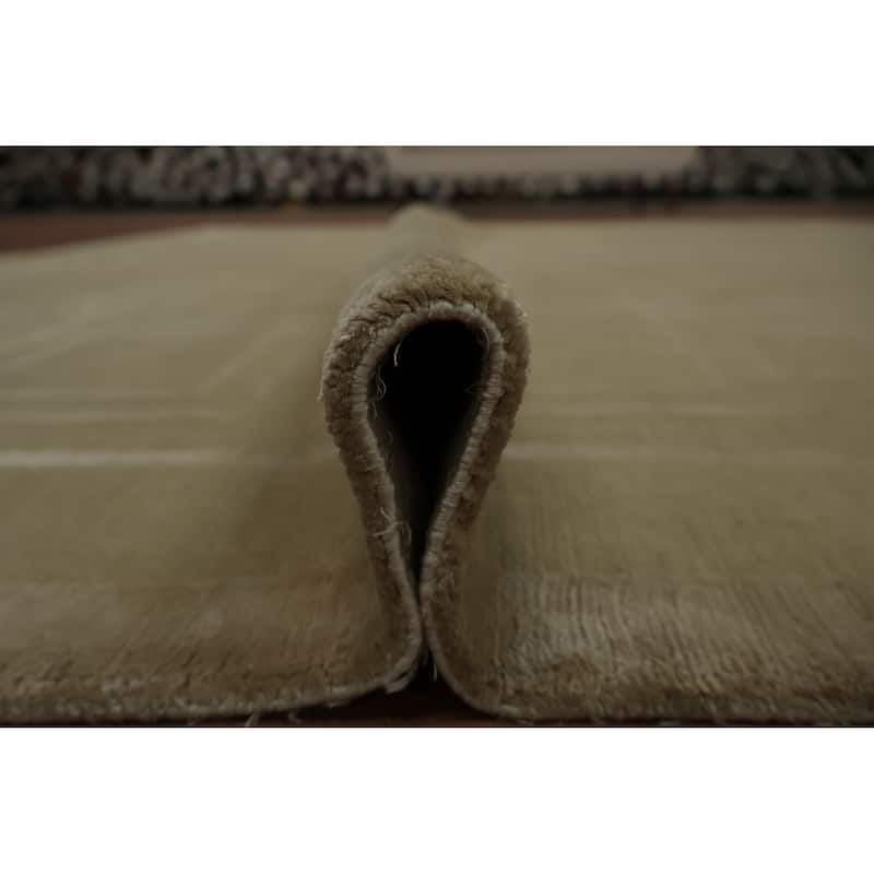 Hand Knotted Oriental Wool & Silk Carpet Modern Geometric Beige & Ivories Nepalese Area Rug - 10' 0'' X 8' 1''