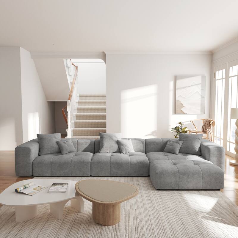 144.17" Linen Sectional Sofa L-shaped Modular Couch with Pillows for Living Room