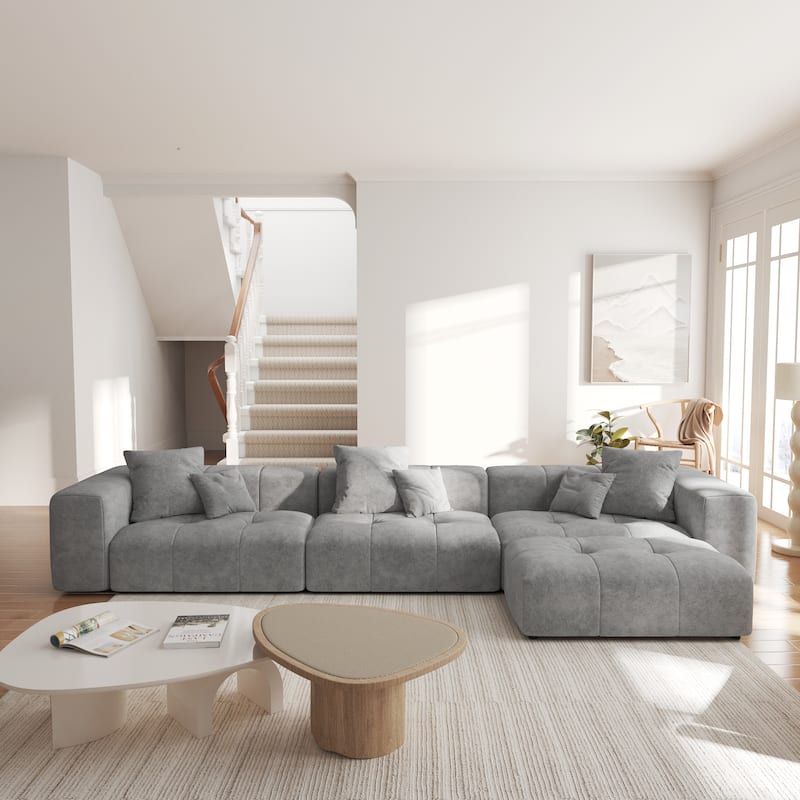 3-Seater Modular Sectional Couch with Ottoman Modern Linen Upholstered Sectional Sofa