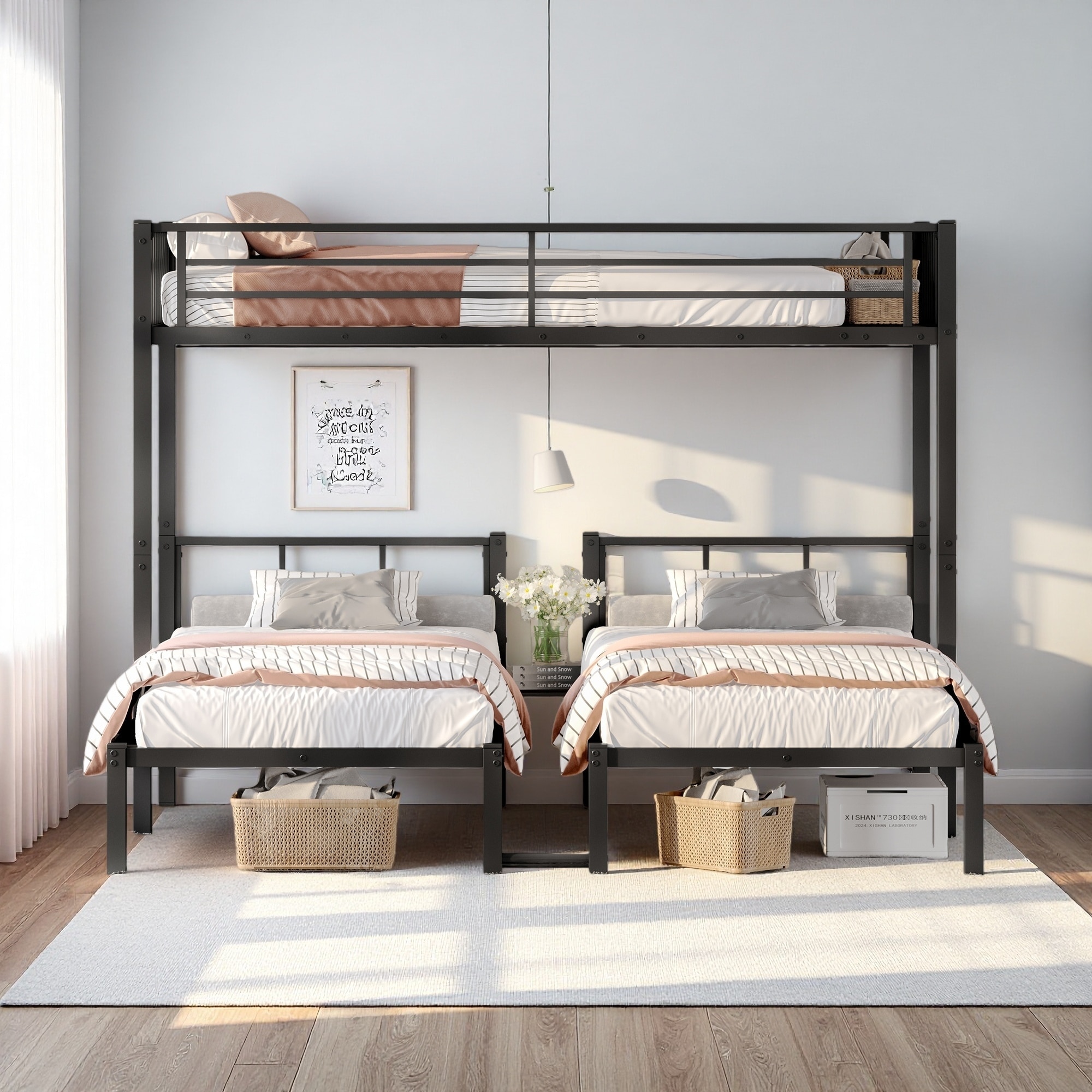 Twin over Twin & Twin Metal Triple Bunk Bed with Detachable Design, Guardrails, Shelf, and Exchange Ladder