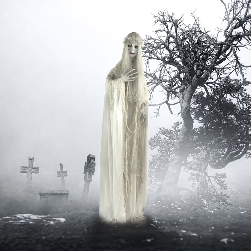 Haunted Hill Farm Life-Size Animatronic Ghost Bride with Lights and Sound, Indoor or Covered Outdoor Halloween Decoration