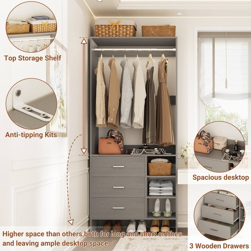 Cimly 30'' W Freestanding Closet Sytem with Hanging Rod, Closet Organizer with Drawers and Shelves