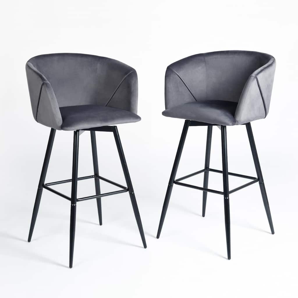 28” Seat Height Set of 2 Modern Velvet Bar Stools with Steel Frame Low Back and Footrest for Kitchen or Dining Hall