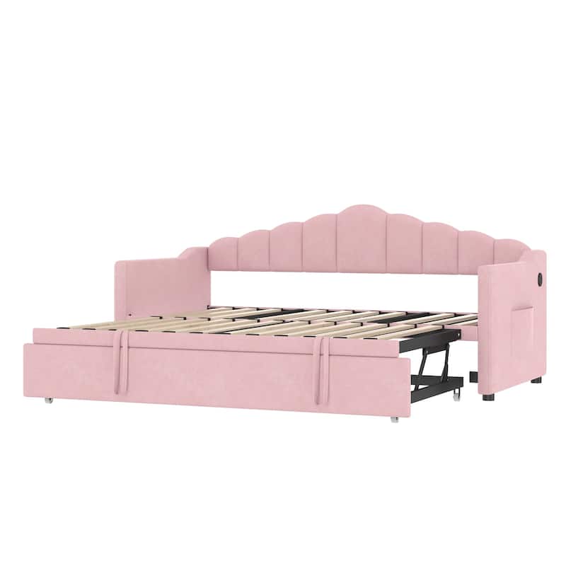 Upholstered Twin Size Daybed with Adjustable Height Pop Up Trundle Twin Bed and USB & Type-C Charging Port, Day Bed Frame