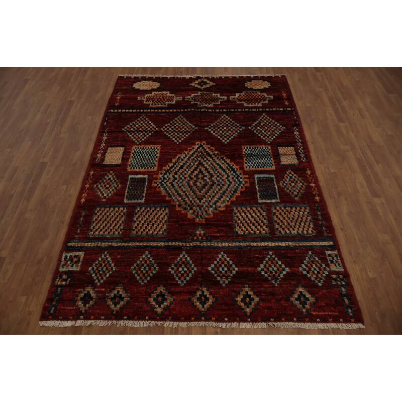 Hand Knotted Oriental 100% Wool Carpet Modern Tribal Red Moroccan Area Rug - 9' 7'' X 6' 7''
