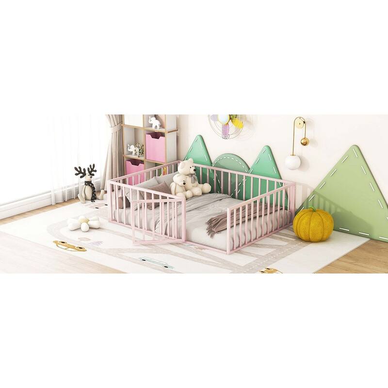 Metal Floor Bed Frame with Fence & Door