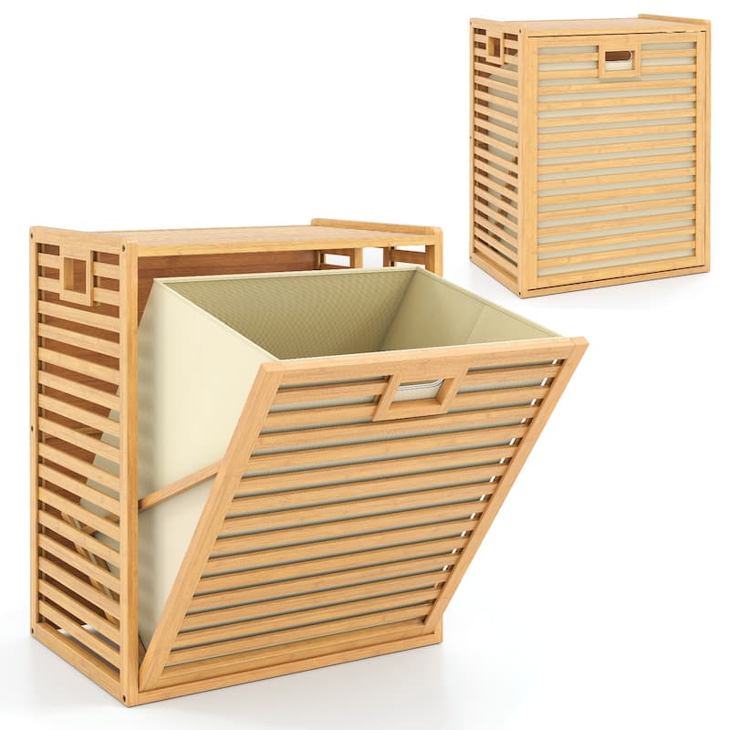 Gymax Large Tilt-out Laundry Hamper w/ Wide Top & Tilt-out Basket Side - Brown