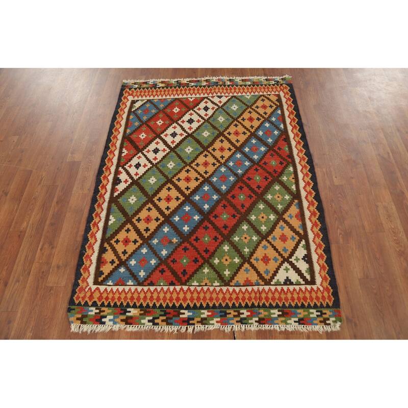 Vegetable Dye Kilim Qashqai Persian Rug Hand-Knotted Wool Carpet - 3'5"x 4'8"