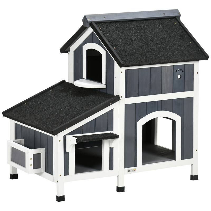 PawHut Outdoor Cat House with Weather-resistant Roof & Garden Bed, Outdoor Cat Shelter Enclosure with Multiple Entrances - Gray - Gray