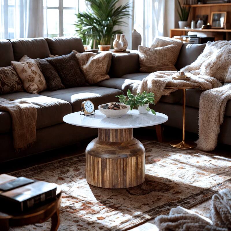 33" Round Marble Top Coffee Table with Pleated Mango Wood Base