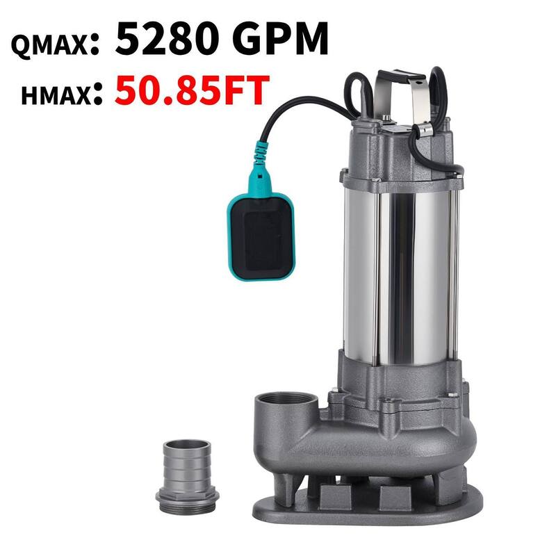 88GPH/ 5280 GPM Heavy Duty Cast Iron Submersible Sewage & Effluent Pump, Max Head 50.85ft - N/A - Silver