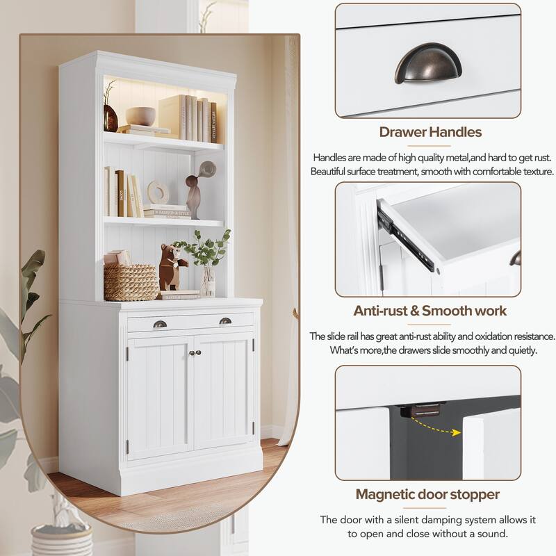 Tall Bookshelf with LED Lighting, 2 Doors and 1 Drawer,Adjustable Shelves 83" Floor Standing Display Storage Shelves