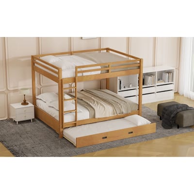 Wood Queen Size Bunk Bed With Ladder And Trundle,Made Of High-Quality Solid Pine Wood And Mdf With Reliable Construction