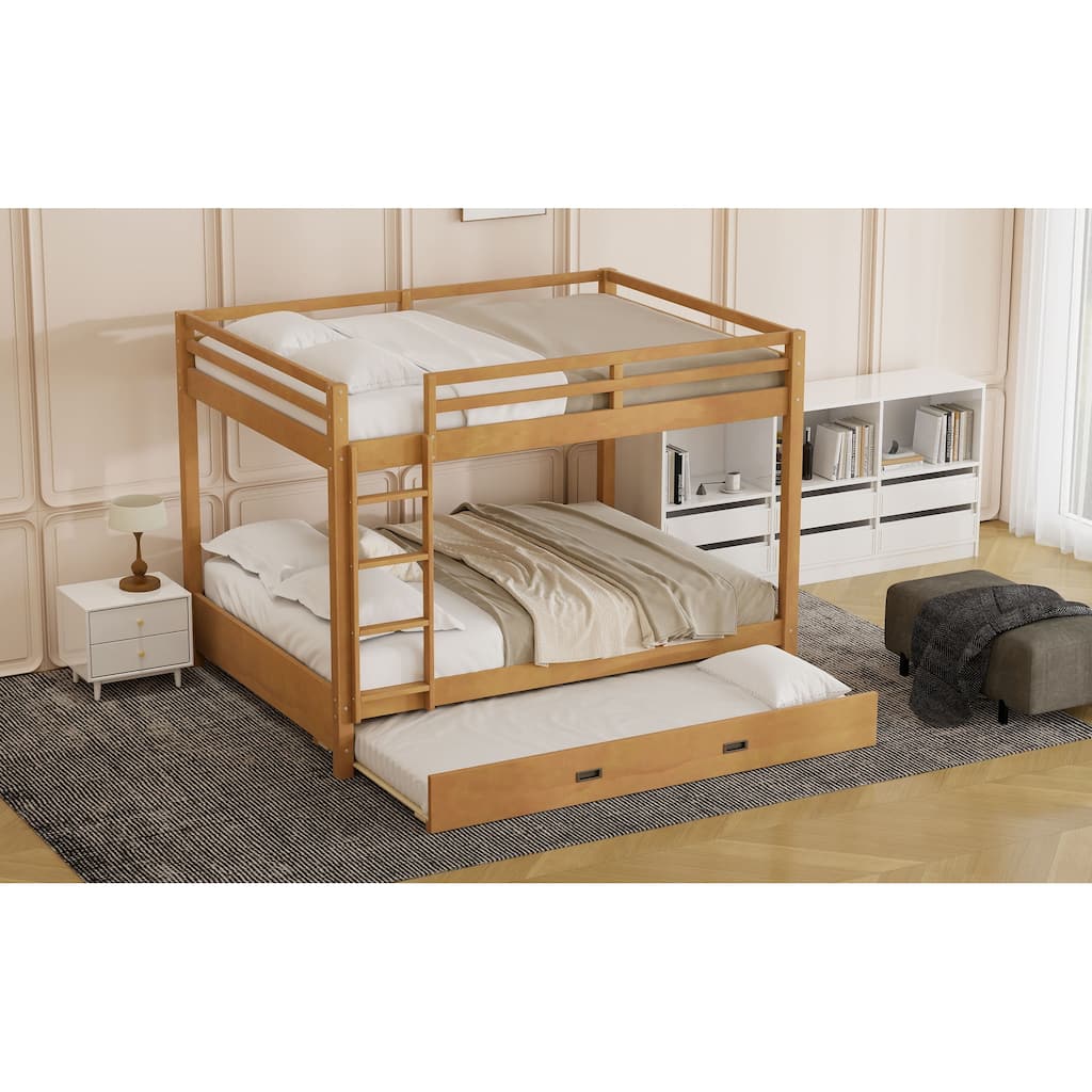 Wood Queen Size Bunk Bed With Ladder And Trundle,Made Of High-Quality Solid Pine Wood And Mdf With Reliable Construction
