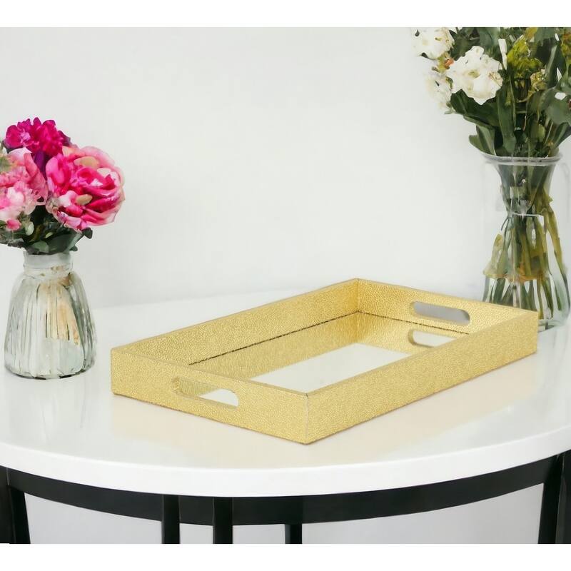 HomeRoots 16" Gold Rectangular Wood Handmade Tray With Handles - Gold