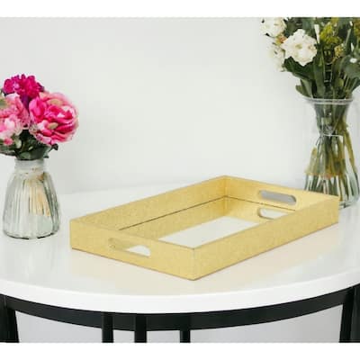 HomeRoots 16" Gold Rectangular Wood Handmade Tray With Handles