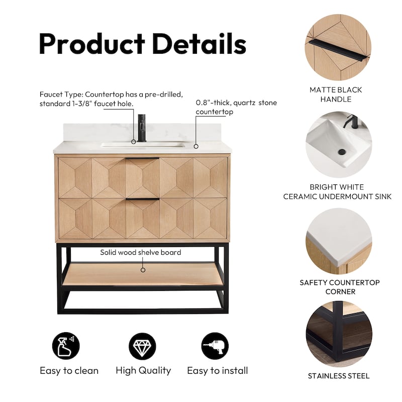 Milagro Bath Vanity with White Quartz Stone Top and Mirror