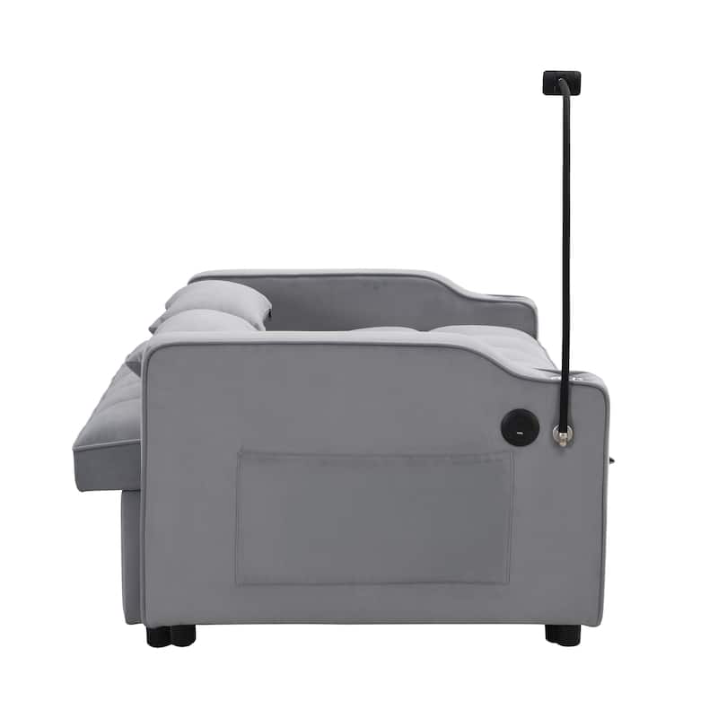 Light Gray Velvet Convertible Sleeper Loveseat Sofa with Adjustable Backrest