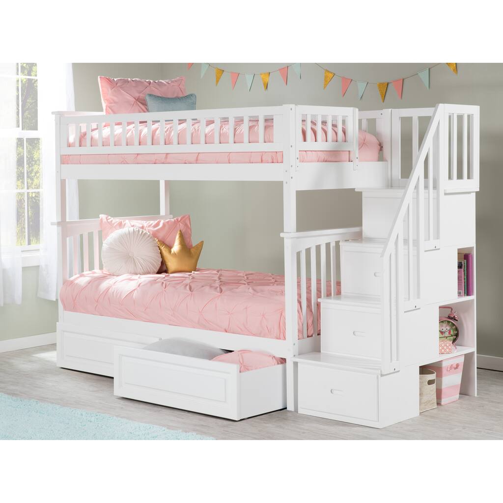 Columbia Twin over Twin Solid Wood Staircase Bunk Bed with 2 Raised ...