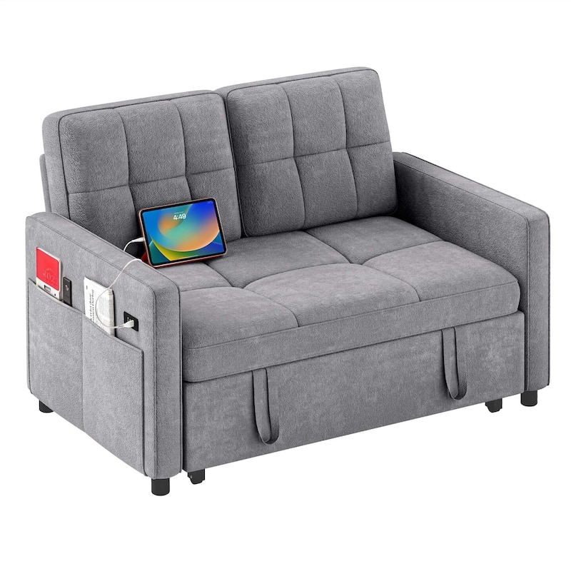 Moasis 3-in-1 Multi-Functional Sleeper Sofa with Iron Frame Pull-Out Bed,Loveseat Bed with USB Port - Grey