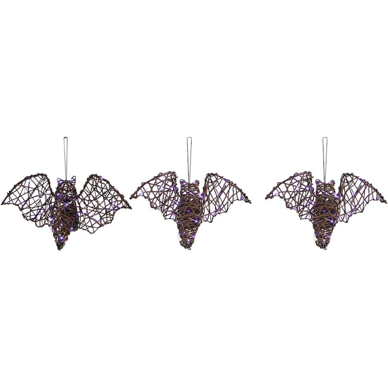 Haunted Hill Farm Set of 3 Battery-Operated Rattan Bats with Hanging Loops, Purple Lights, and Timer