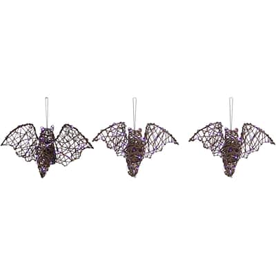 Haunted Hill Farm Set of 3 Battery-Operated Rattan Bats with Hanging Loops, Purple Lights, and Timer
