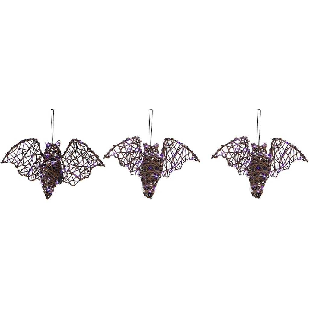 Haunted Hill Farm Set of 3 Battery-Operated Rattan Bats with Hanging Loops, Purple Lights, and Timer