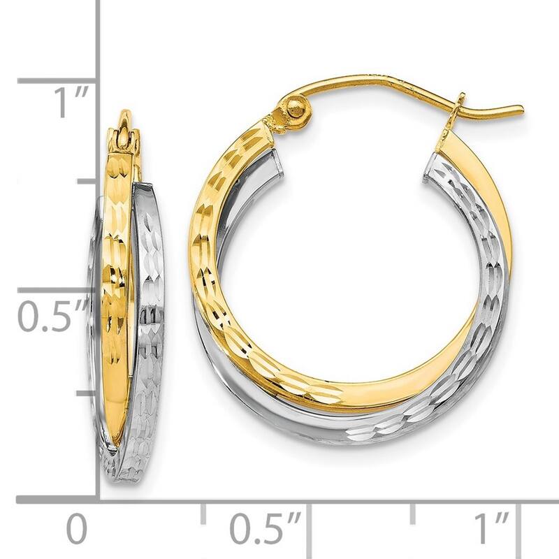 Curata 10k Two-Tone Gold Textured Hinged Double 4x23mm Hoop Earrings