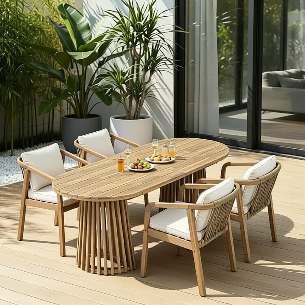 Christopher Knight Home - Modern Outdoor Acacia Wood Pedestal Dining Set with 83" Oval Racetrack Table & Rope Cushion Armchair